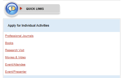 Figure 1: Screenshot of the quick link screen to add individual CPD activities Figure 1: Screenshot of the quick link screen to add individual CPD activities